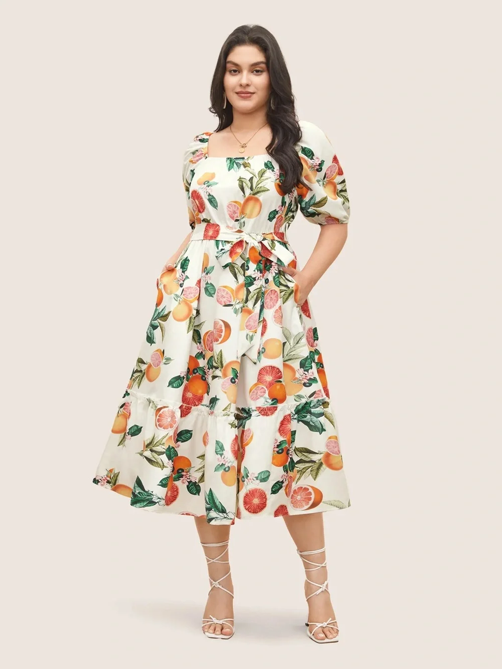 BloomChic Midi Citrus Orange Print Belted Frill dress